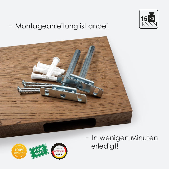 Rikmani Wandregal Holz Eiche massiv dunkel - Handgefertigtes Regal Bücherregal Holzregal Wandboard H