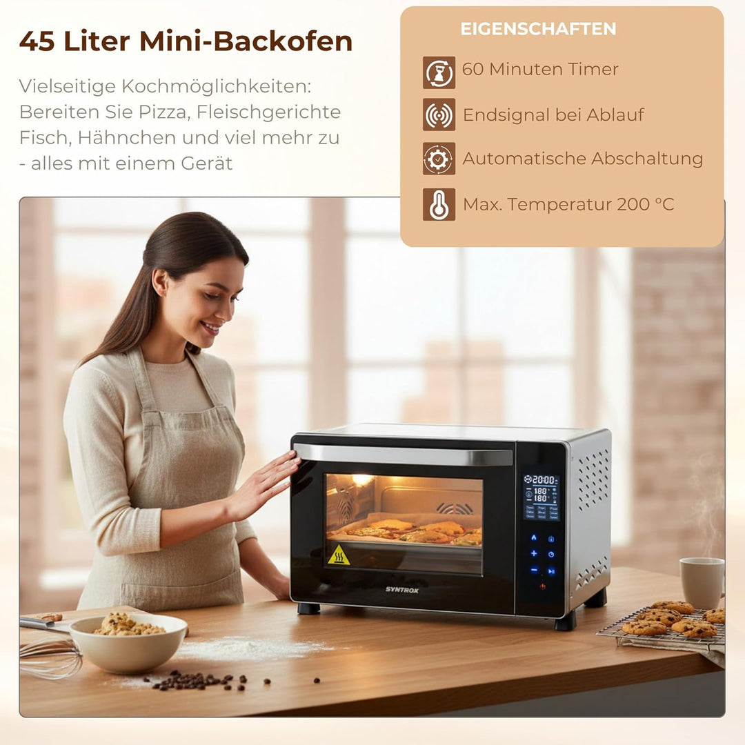 Syntrox Germany 45 Liter Digitaler Edelstahl Mini Stand Backofen mit Umluft und Drehspiess Miniofen