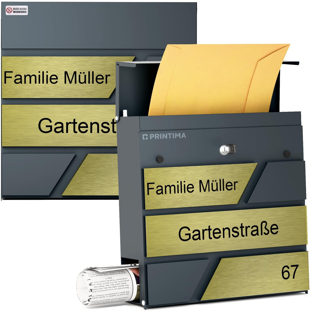 Design Julia Briefkasten Anthrazit mit Ihrer Personalisiert Namen&amp; Hausnummer, Integriertes Zeitungs