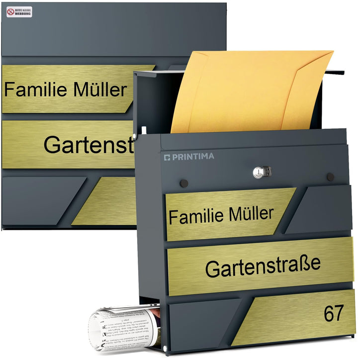Design Julia Briefkasten Anthrazit mit Ihrer Personalisiert Namen&amp; Hausnummer, Integriertes Zeitungs