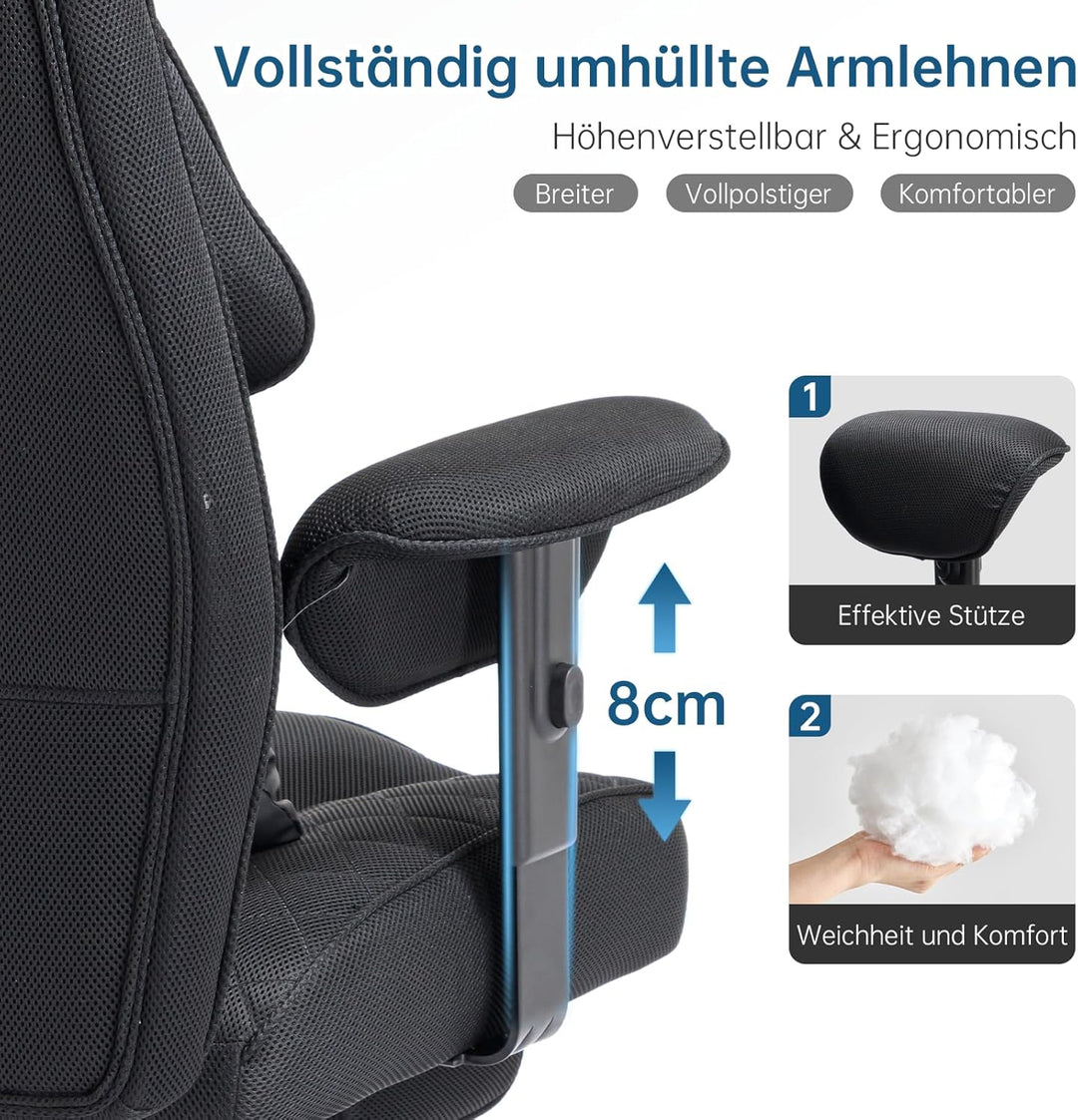 Ergonomischer Bürostuhl 200kg, Chefsessel mit Fussstütze, Schreibtischstuhl mit Lendenkissen, Bequem
