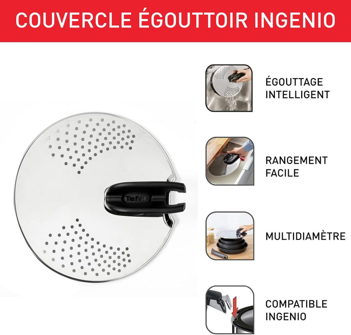 Tefal Ingenio Abtropfdeckel aus Edelstahl, einfache Aufbewahrung, Multidurchmesser, kompatibel mit I