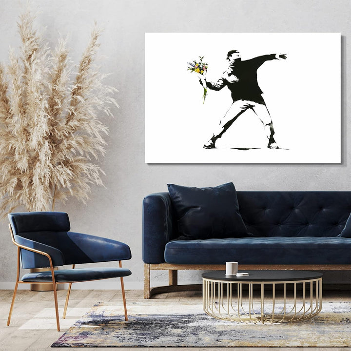 Printed Paintings Leinwand (80x60cm): Banksy - Autonomer wirft mit Blumenstrauss statt Molotow 80x60