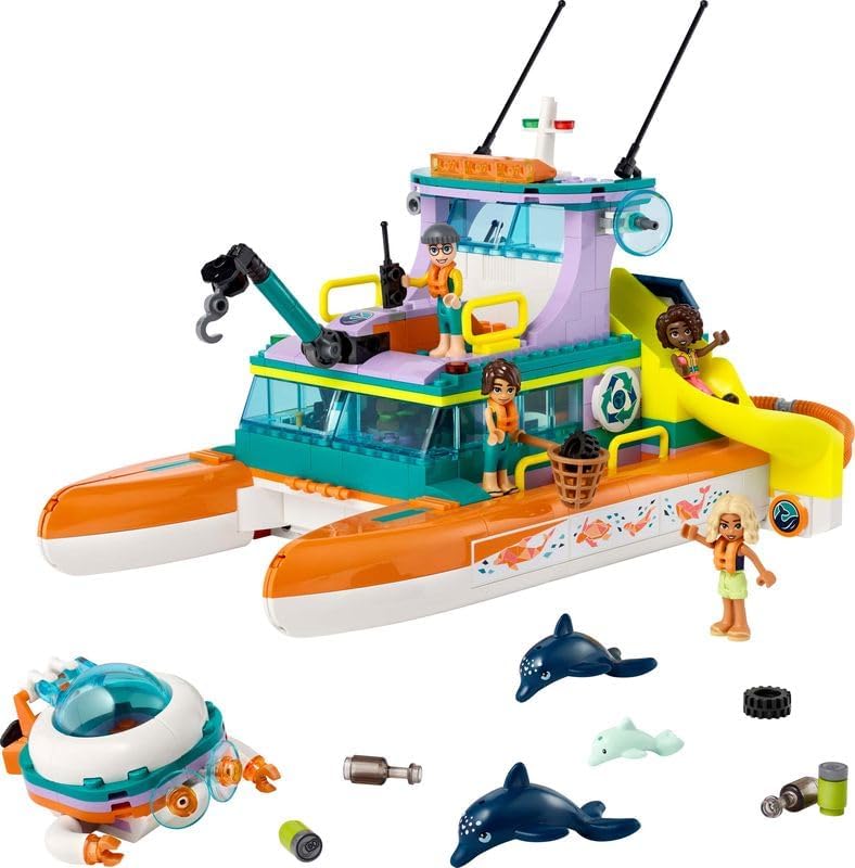 LEGO 41734 Friends Seerettungsboot Tierrettungs-Spielzeug Set mit Delfin-Tier-Figuren und U-Boot, Ök