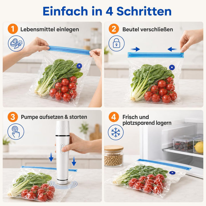 Handvakuumierer mit 30 Wiederverwendbare Vakuumbeutel | Tragbares Vakuumiergerät für Lebensmittelkon