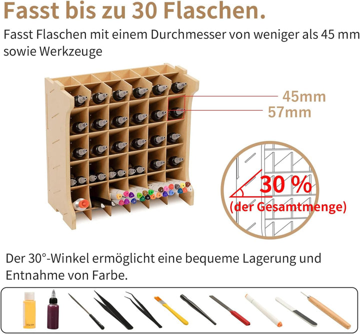 Bucasso Hölzern Modell Farbregal Organizer, Holzfarben Bastel-Farbregal MDF-Material für 30 Flaschen