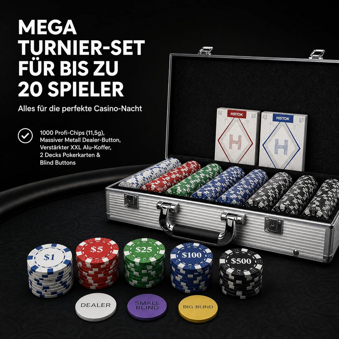 HEITOK Profi Pokerkoffer 1000 Chips Set 11,5g | Metallkern Chips im abschliessbaren Alu Koffer | Ink