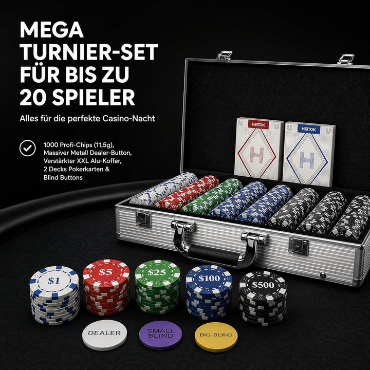 HEITOK Profi Pokerkoffer 1000 Chips Set 11,5g | Metallkern Chips im abschliessbaren Alu Koffer | Ink