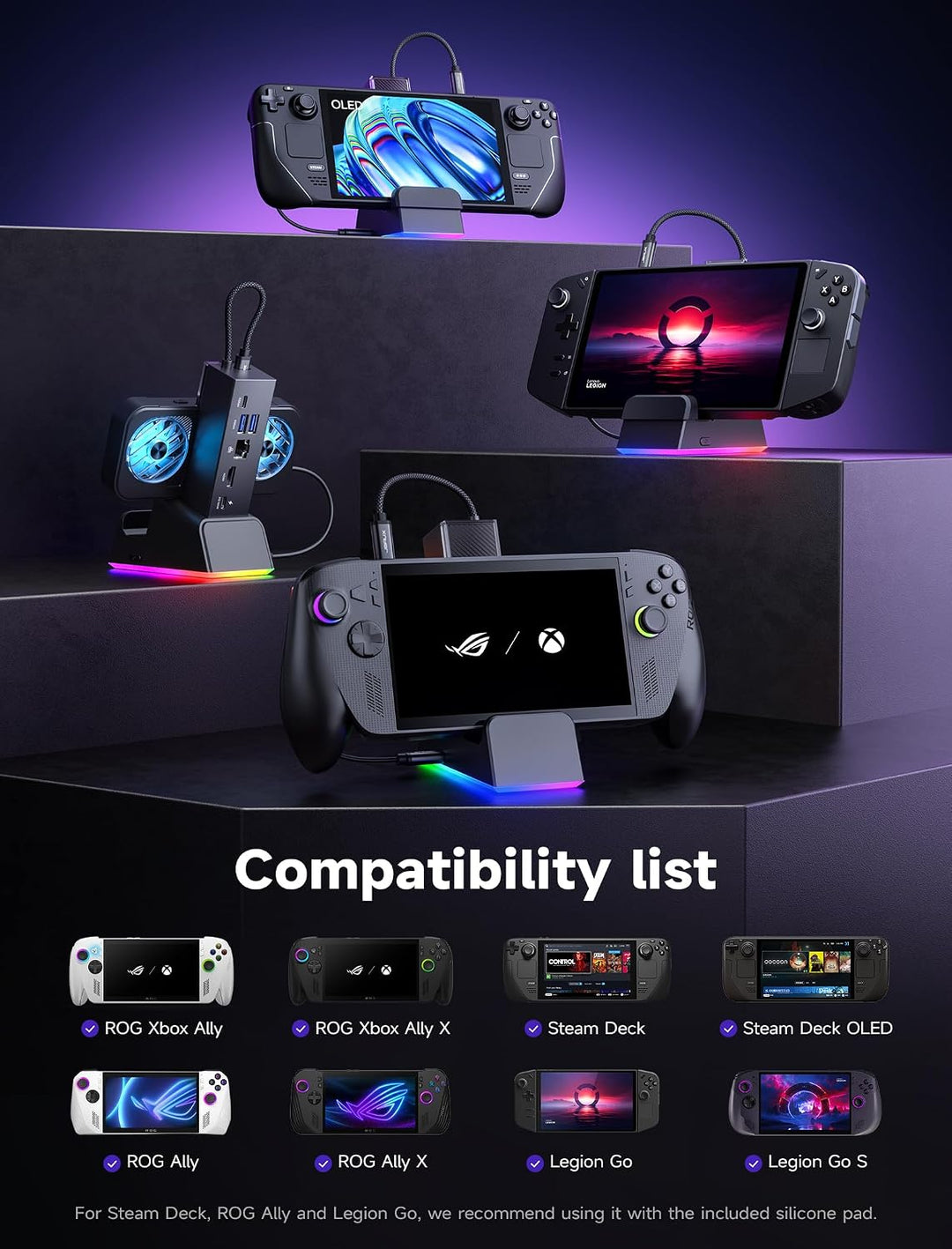 JSAUX Dockingstation für ROG Ally X/ROG Ally/Steam Deck/Legion Go 7-in-1 Dock für ROG Ally X mit RGB