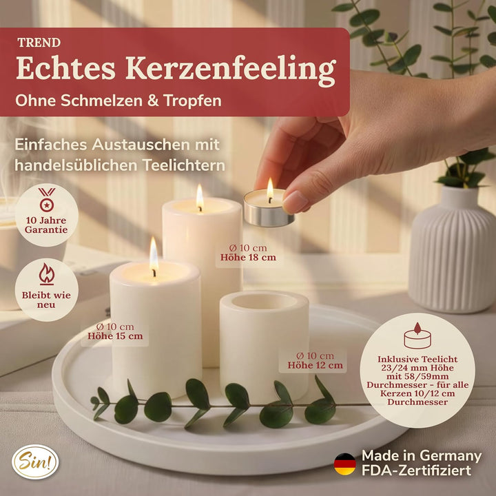 Sin! 3er Set Teelichthalter Trend warmweiss - ∅ 10 cm - Höhen 12/15/18 cm, Dauerkerze mit Teelicht i