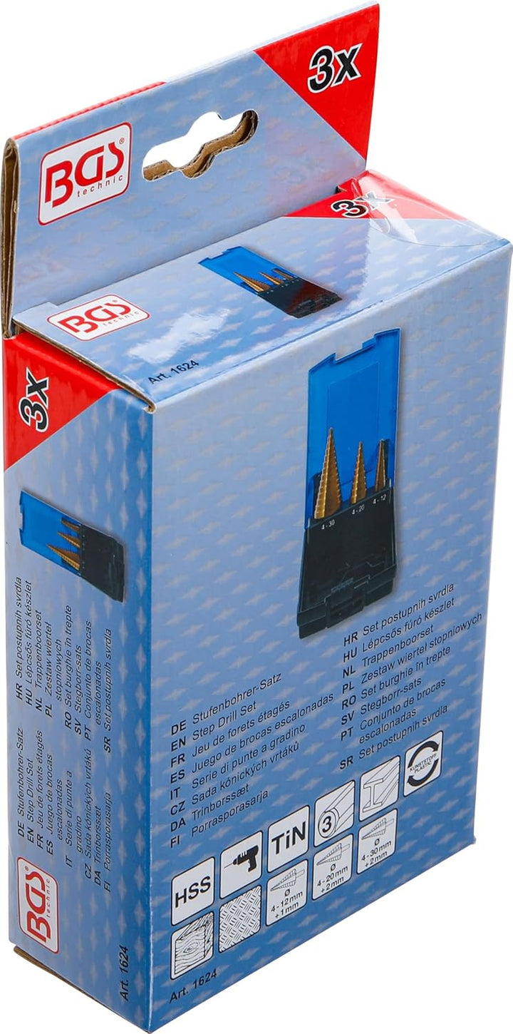BGS 1624 | Stufenbohrer-Satz | 3-tlg. | titannitriert | Ø 4 - 30 mm | HSS-Stahl | Schälbohrer | Konu