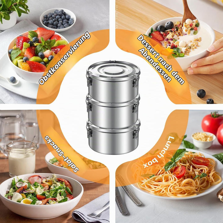 PORFOYO 3 Stück Edelstahl Kinder-Lunchbox, Auslaufsichere Brotdose, Metalldose für Obst, Müsli &amp; Gew
