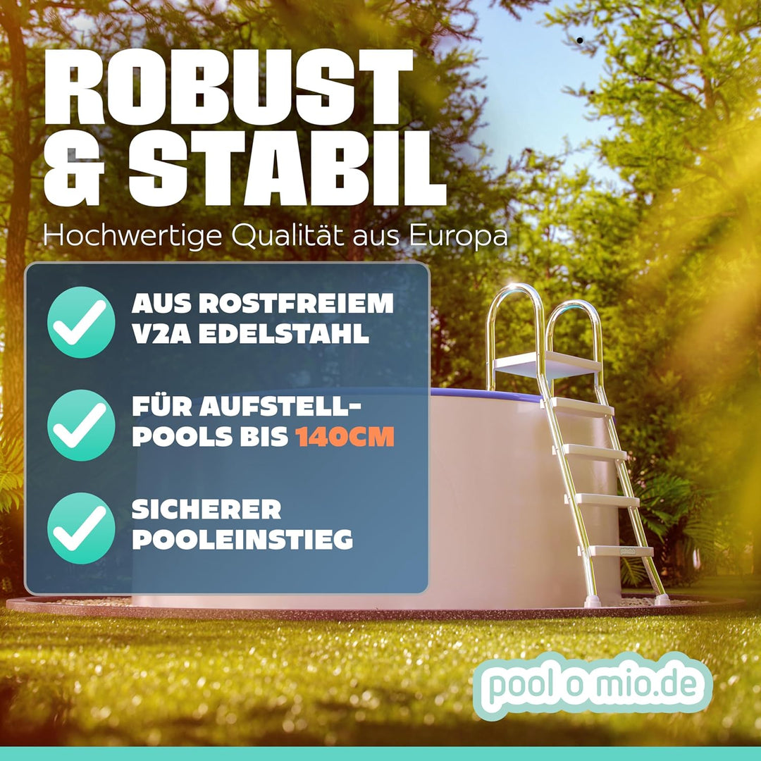 poolomio® Poolleiter Edelstahl mit Handlauf bis 132 cm | Einstiegsleiter mit 4 Stufen für Aufstellpo
