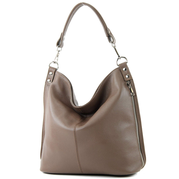 modamoda de - T177 - ital. Damen Schultertasche aus Leder Blassbraun, Blassbraun