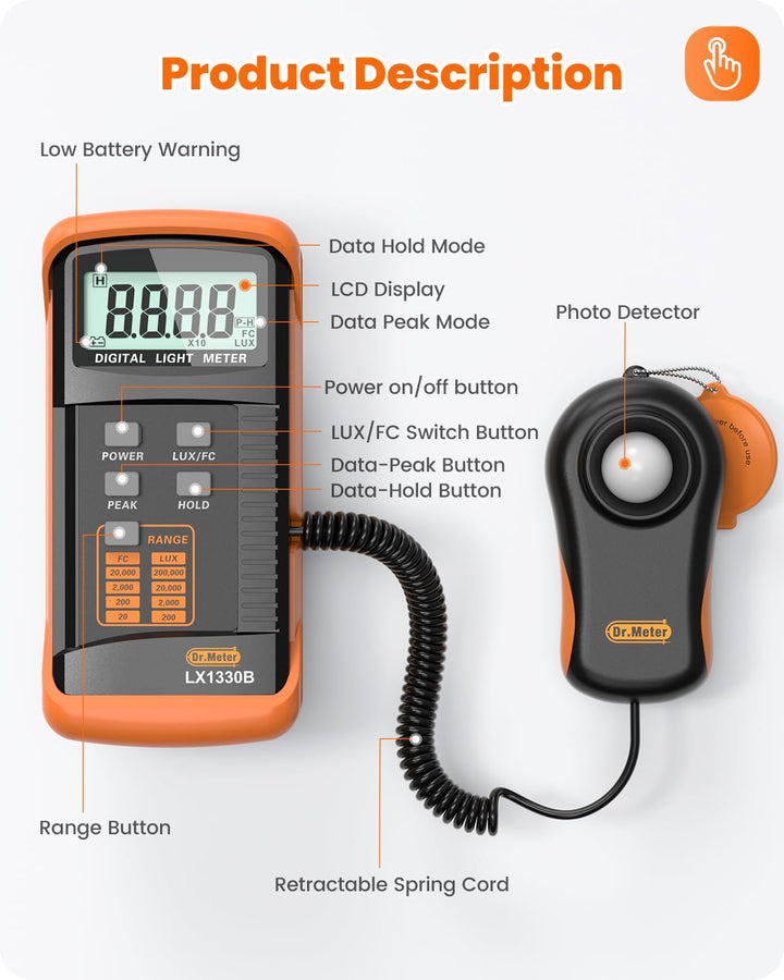 Dr.meter LX1330B Digital Luxmeter, 0-200.000 Messbereich Luxmeter mit 360° Drehbarem Sensor Beleucht