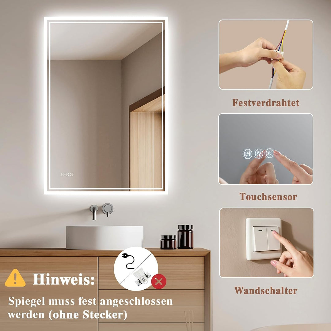 Badspiegel-mit-Beleuchtung 100x70cm - Badezimmer Spiegel mit Bluetooth - Badezimmerspiegel mit Besch