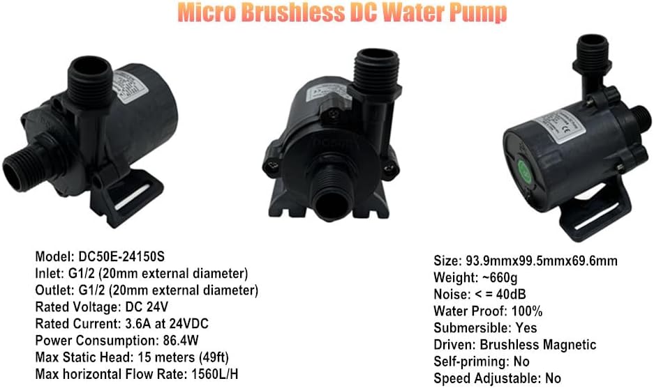 SHYSKY 3Phase 24V Micro Brushless DC Wasserpumpe Solar Wasser Tauchpumpe, DC50E-24150S, 1560LPH, Max