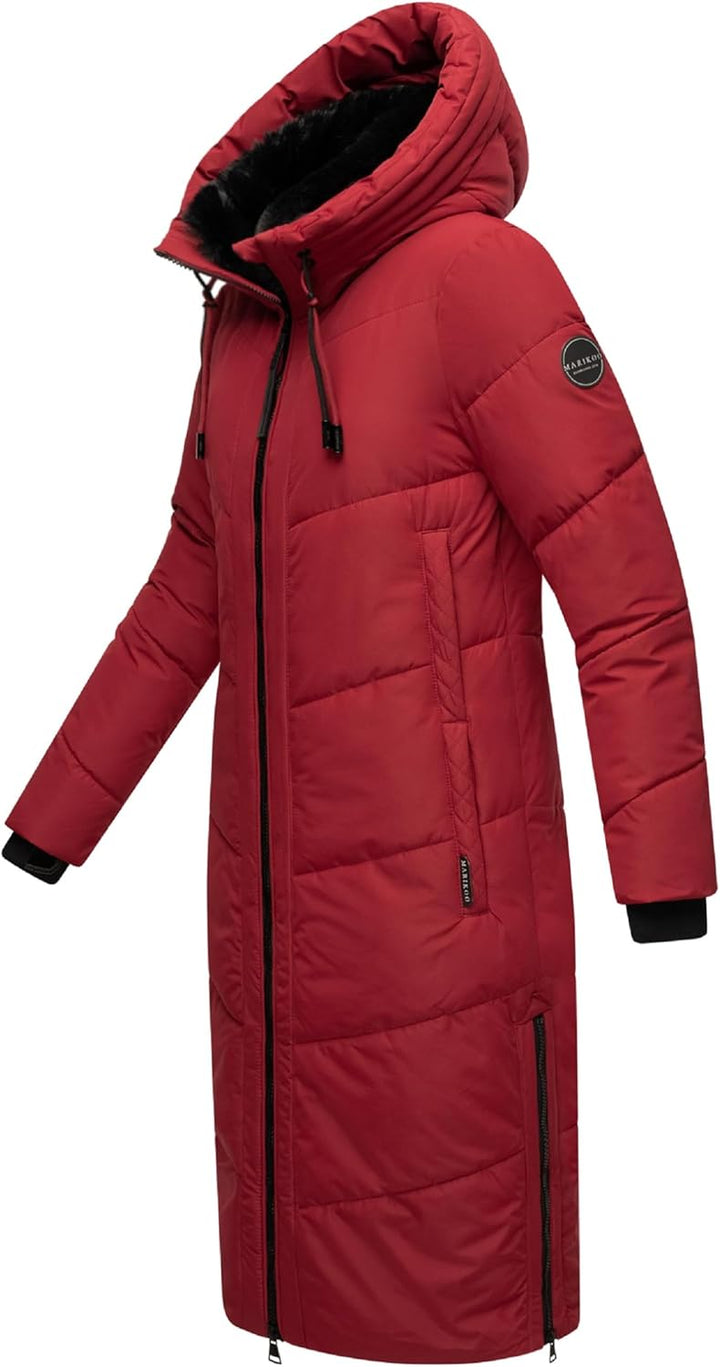 MARIKOO Damen Wintermantel warmer Steppmantel lang mit Kapuze und abnehmbarem Kunstfellkragen Nadare