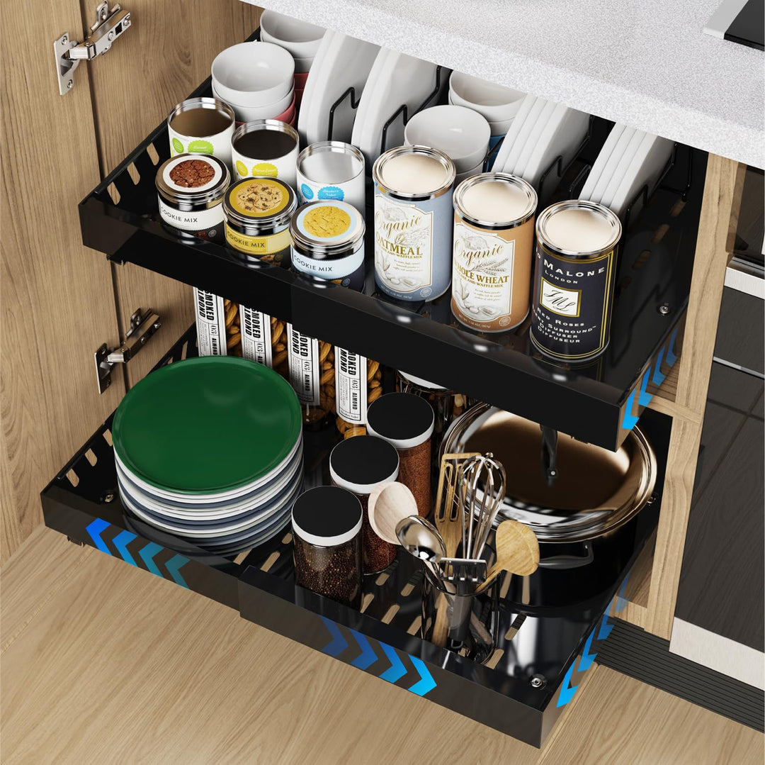2 Pack erweiterbar Pull Out Cabinet Organizer Adhesive mit 8 Geschirrhalter, Pull Out Regale für Küc
