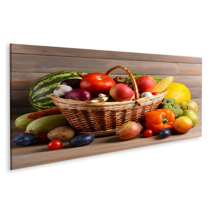 islandburner Bild auf Leinwand Korb Mit Bio Obst Und Gemüse Auf Holzuntergrund Bilder Wandbilder Pos