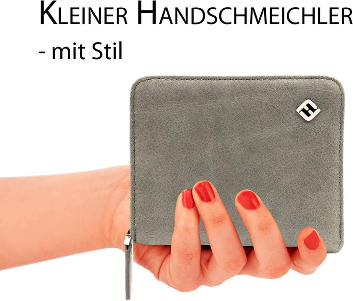 Damen Portemonnaie, Oil-Wax-Leder, grau, Reissverschluss, Münzfach, RFID Schutz - Geldbörse klein, P