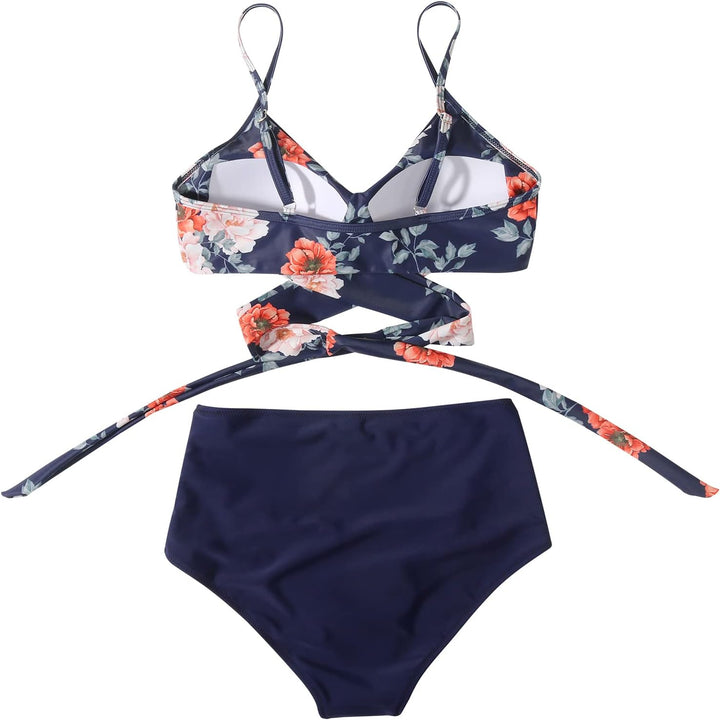RXRXCOCO Damen Wickel Push Up Bikini Oberteil mit Bauchweg High Waist Bikini Set Bademode S Blume Bl