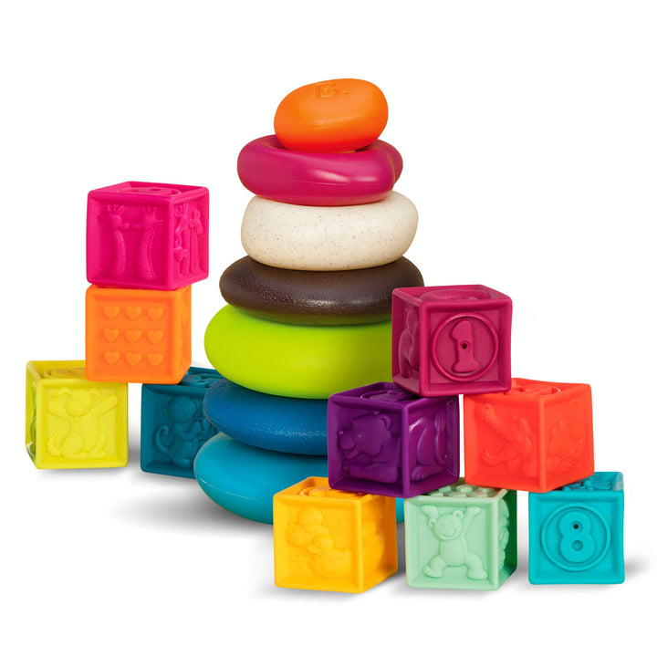 B. toys - One Two Squeeze & Hüpfsteine Set - Baby-Blöcke & Stapel-Ringe - 10 nummerierte Blöcke und