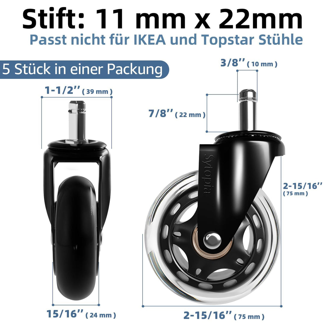 Sytopia Gummirollen Bürostuhl 11mm x 22 mm, 5er Set Rollen für Bürostühle, Parkett Rollen Bürostuhl