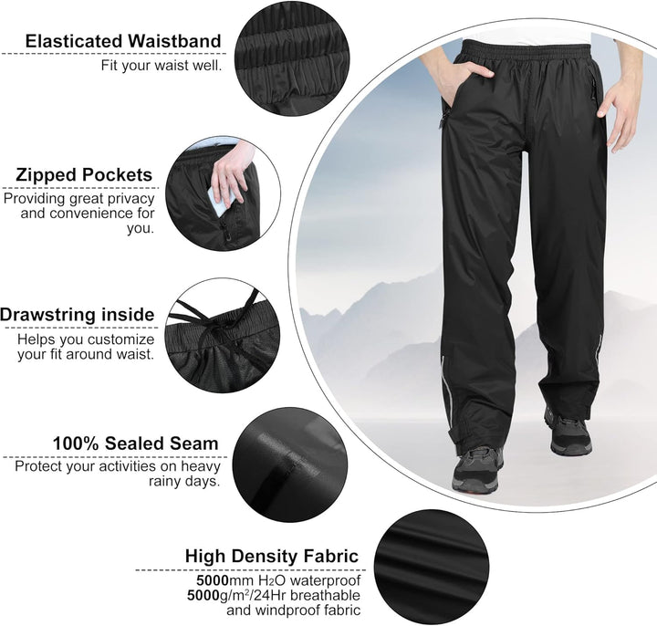 33,000ft wasserdichte Regenhose für Herren Leichte Regenhose Winddichte Outdoorhose zum Wandern Camp