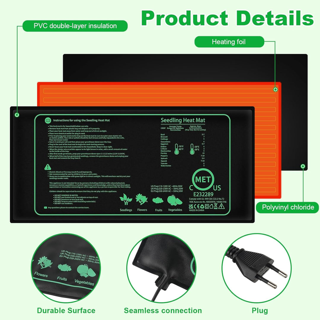 50W Heizmatte Pflanzen mit Thermostat, 25 X 52 cm Zimmergewächshaus Wärmematte, Temperatur Heizkisse