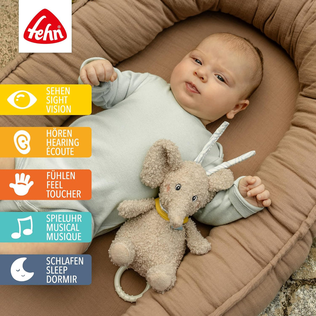 Fehn Mini-Spieluhr Elefant Erik – Kuscheltier & Einschlafhilfe für Babys | Aufzieh-Spieluhr mit sanf