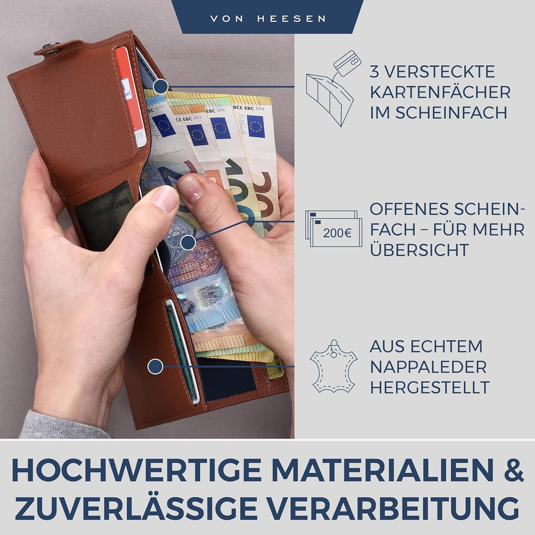 VON HEESEN Slim Wallet mit XXL Münzfach & RFID-Schutz - Leder Geldbeutel - Mini Geldbörse für Herren