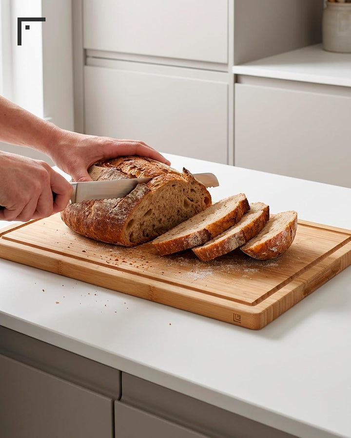 LARHN Bambus Schneidebrett Holz mit Griff & Saftrille - 44,5x30x2 cm | Massiv, vertikal verleimt, pl