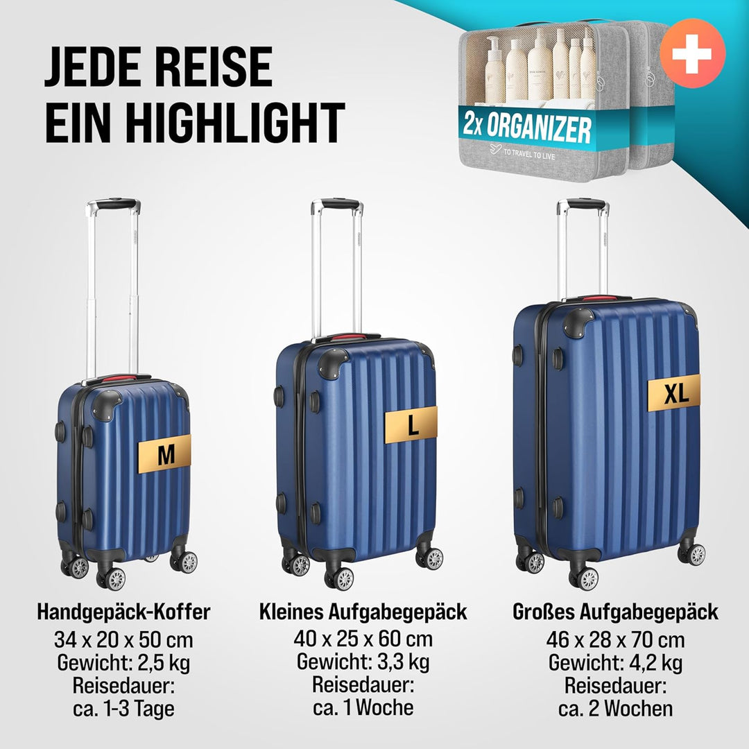 MONZANA® 3tlg. Kofferset Schloss Wäsche Organizer Kofferwaage Gurt Gel-Griffe Zwillingsrollen Standf