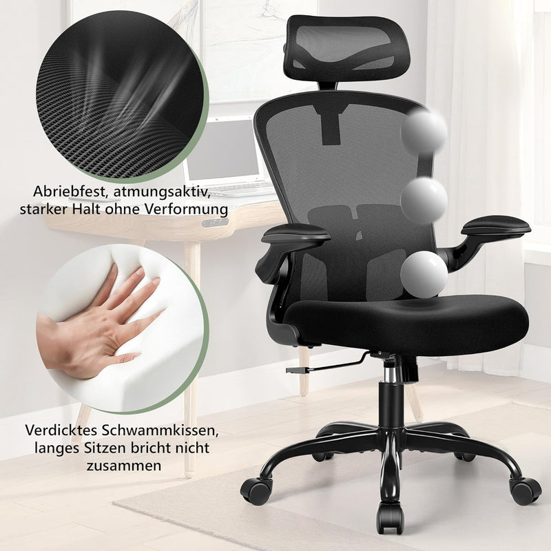 FelixKing Ergonomischer Bürostuhl, Computerstuhl, verstellbare Lendenwirbelstütze, 3D-Kopfstütze und