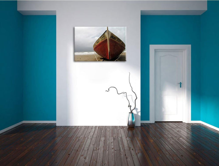 Pixxprint kleines Segelboot am Strand auf Leinwand, XXL riesige Bilder fertig gerahmt mit Keilrahmen