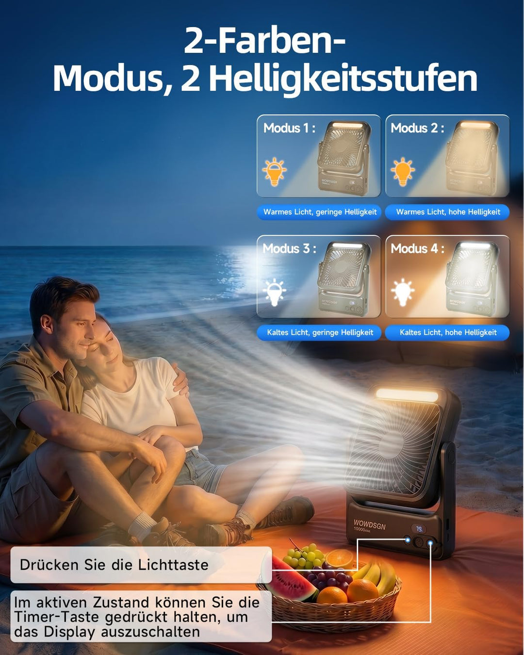 WOWDSGN 𝐌𝐚𝐠𝐧𝐞𝐭𝐢𝐬𝐜𝐡𝐞𝐫 Ventilator 𝟏𝟎𝟎𝟎𝟎𝐦𝐀𝐡 Akku, Tischventilator USB mit LED-Nachtlicht &amp; Haken, Power