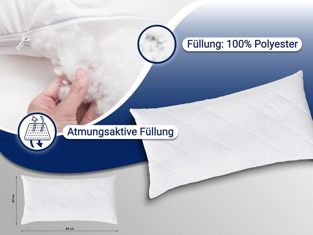ZOLLNER 2er Set Kopfkissen - 40x80 cm - mit Reissverschluss – Individuell anpassbare Füllung aus Syn