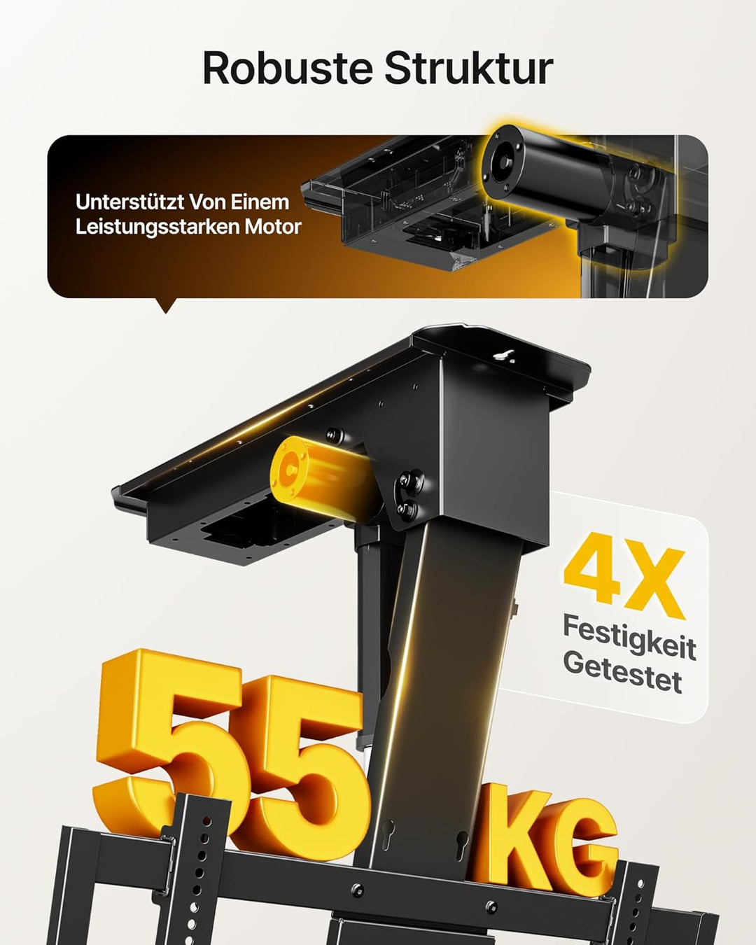 monTEK Motorisierte TV Deckenhalterung von 32-75 Zoll bis zu 55 kg, Klapp Deckenhalterung für Flache