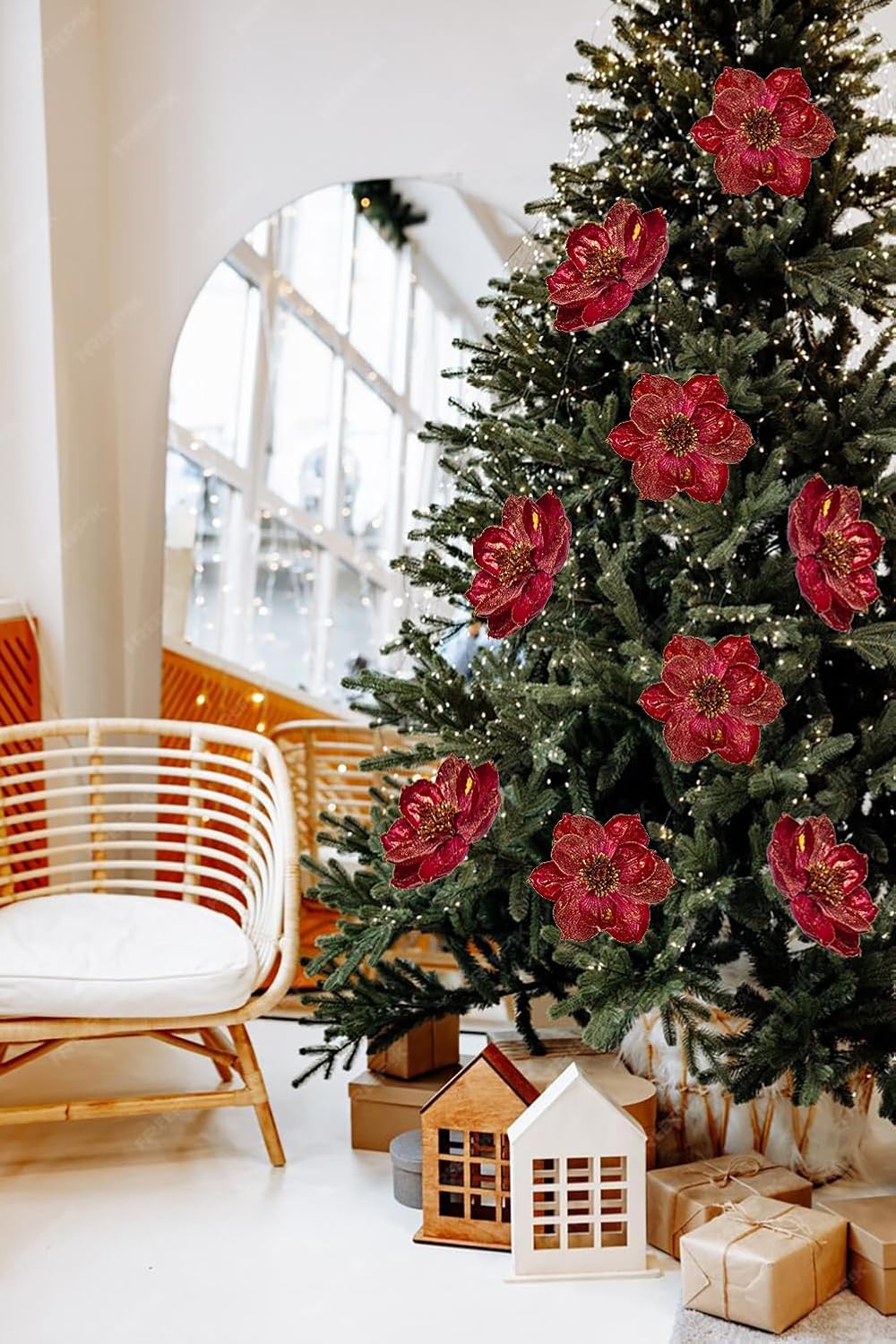 Briful 4 Stücke Weihnachtsstern Christbaumschmuck Magnolie Kunstblumen mit Glitzern Poinsettia Kunst