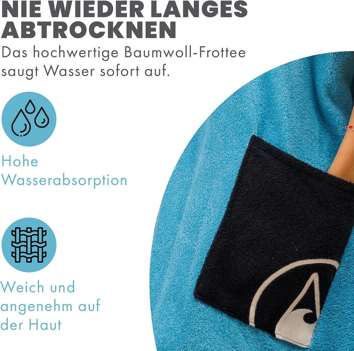 WAVE HAWAII Poncho Porto Badeponcho 100% Baumwolle für Körpergrössen von 160 -190 cm Umkleidehilfe f