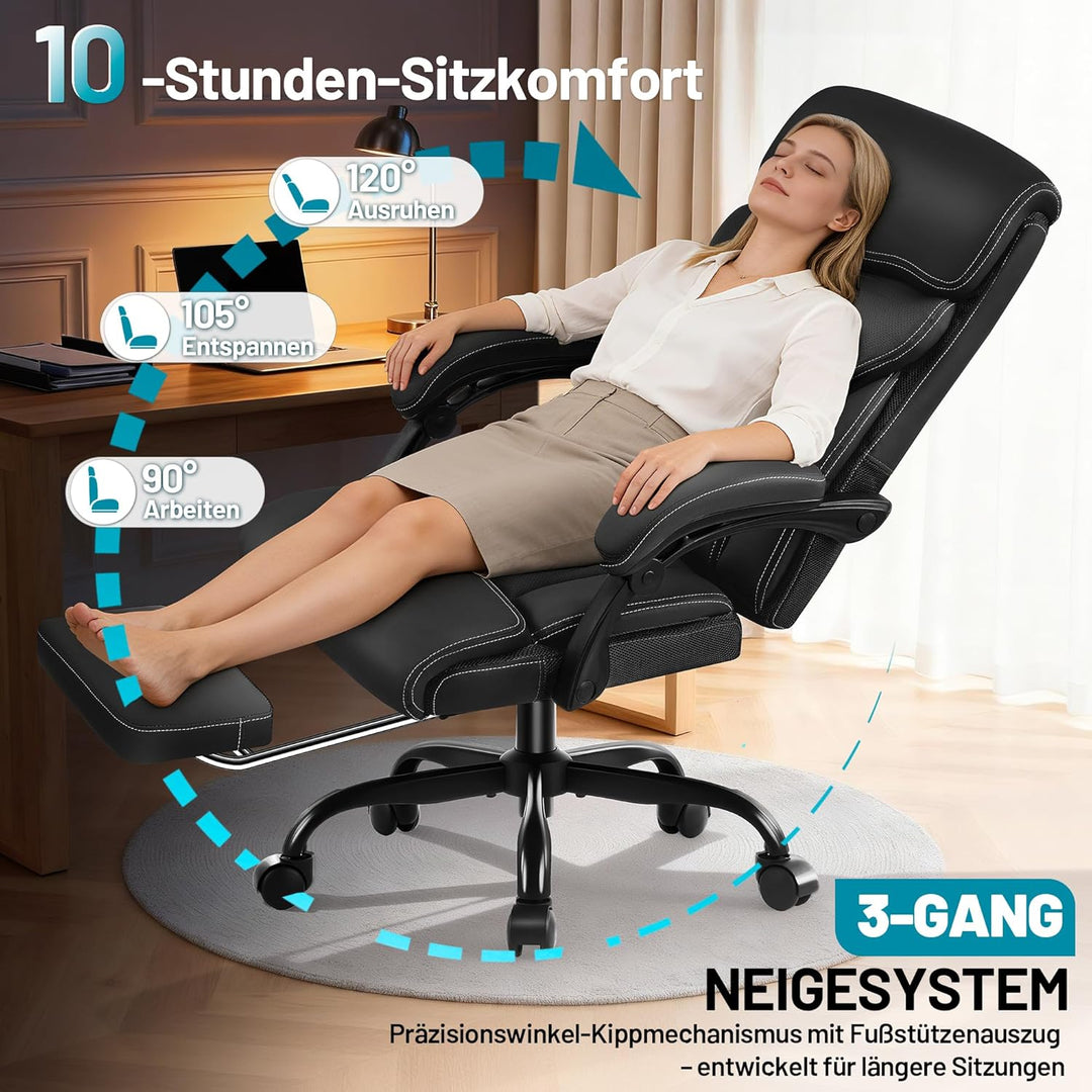 Chefsessel mit Fussstütze &amp; Liegefunktion, Ergonomischer Bürostuhl aus Kunstleder bis 200 kg, Verste