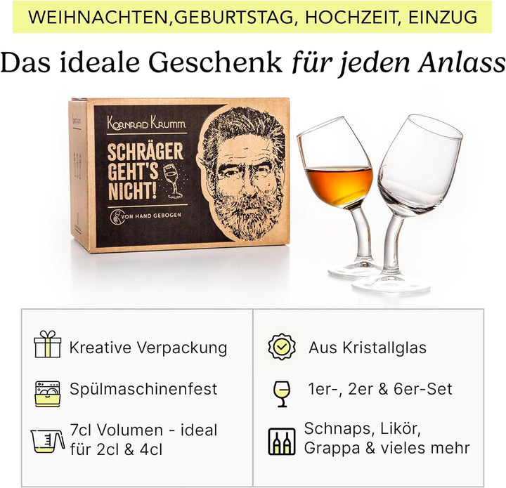 Kornrad Krumm | Schnapsgläser-Set mit Stiel (6 Stück), 4cl, Handgebogen in DE | Lustige Shot-Gläser