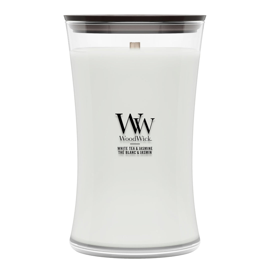 Grosse WoodWick Duftkerze im Sanduhrglas mit knisterndem Docht, White Tea & Jasmine, bis zu 130 Stun
