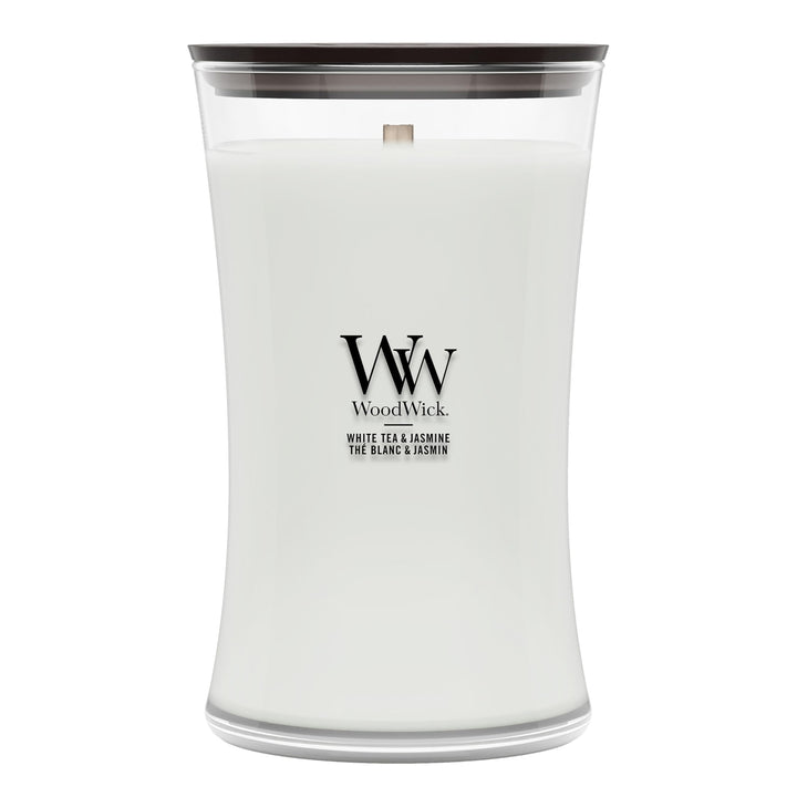 Grosse WoodWick Duftkerze im Sanduhrglas mit knisterndem Docht, White Tea & Jasmine, bis zu 130 Stun