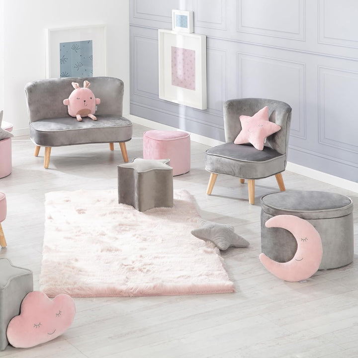 roba Kinderhocker Lil Sofa mit Stauraum - Ovaler Hocker in grauem Samtstoff - Polstermöbel Pouf für