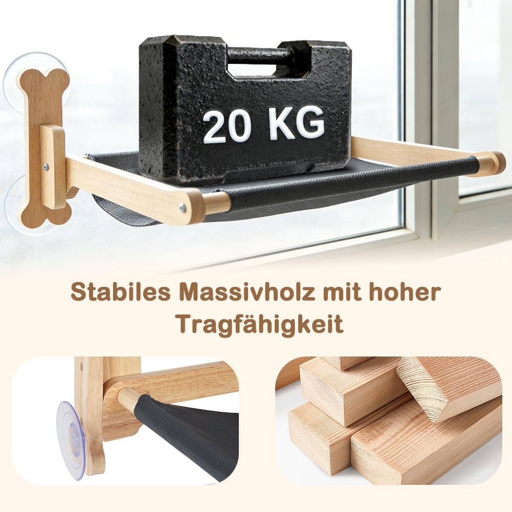 SZEE Katzen Fensterliege Massivholz mit Doppelseiten-Kissen (Ice Silk + Flanell), Katzen Hängematte