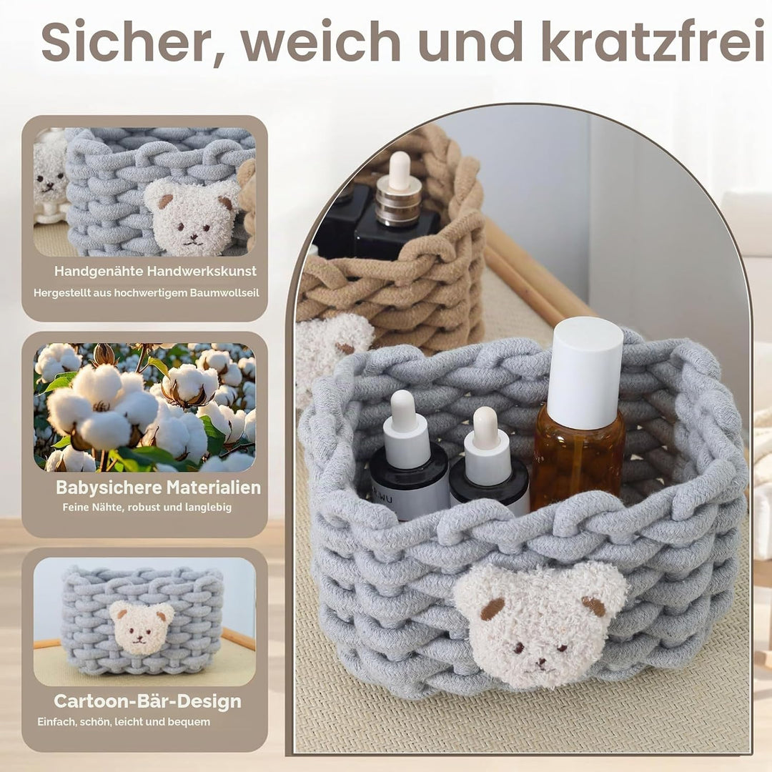 2 Stück Aufbewahrungskorb Geflochten Baumwolle Strickkorb, Organizer Klein Körbchen mit Bärenmotiv A