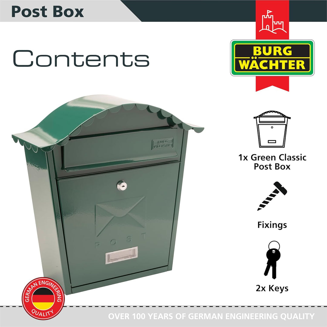 Burg-Wächter Classic Post Box Green Klassischer Briefkasten, grün, MB01G, 36x37x13cm, Grün