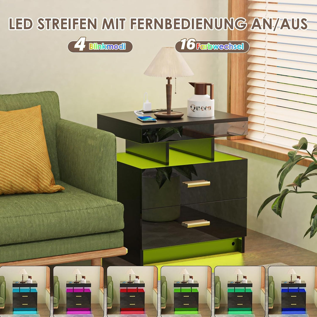 PIPIPOXER Nachttisch mit LED Licht,Beistelltisch aus Hochganlz mit Steckdose und USB Anschlüsse in S